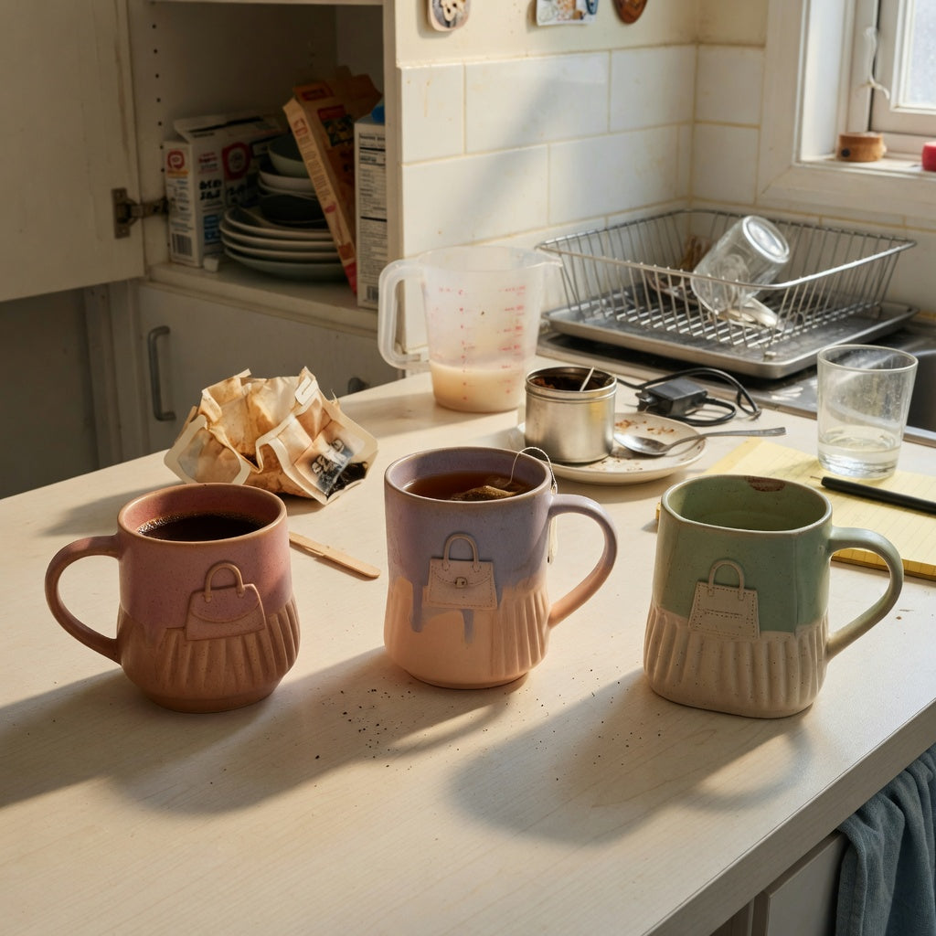 cute ceramic coffee mugs shared household practical purchase checklist with three individually chosen ceramic mugs on a kitchen counter
