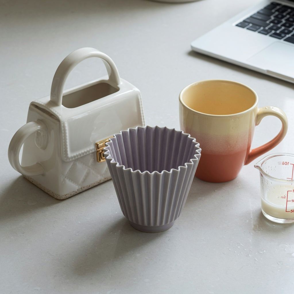 Cute ceramic coffee mugs size decision guide comparing 400, 440, and 480 ml Handbag, Pleated, and Gradient options
