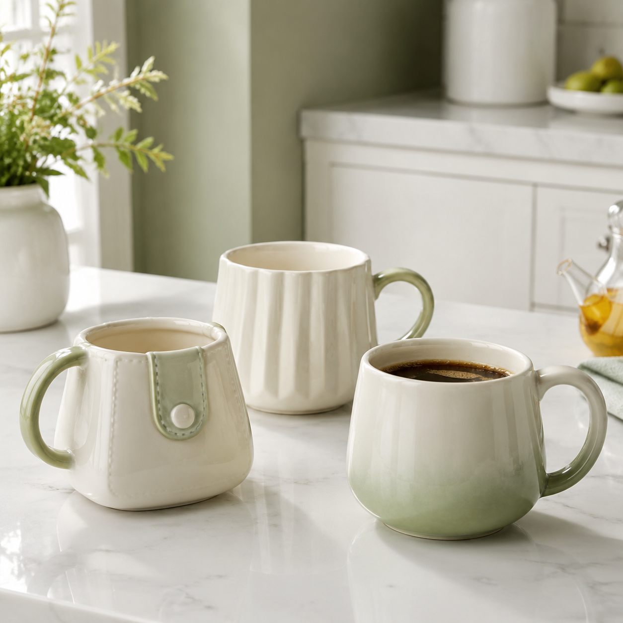 Cute ceramic coffee mugs with handbag-inspired, pleated, and gradient designs on a kitchen counter