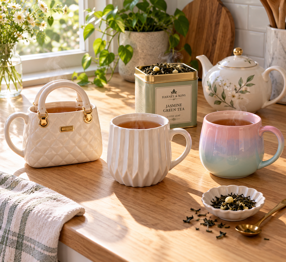 Three cute ceramic tea mugs — handbag-shaped, pleated, and pastel gradient — steeping loose-leaf tea on a kitchen counter
