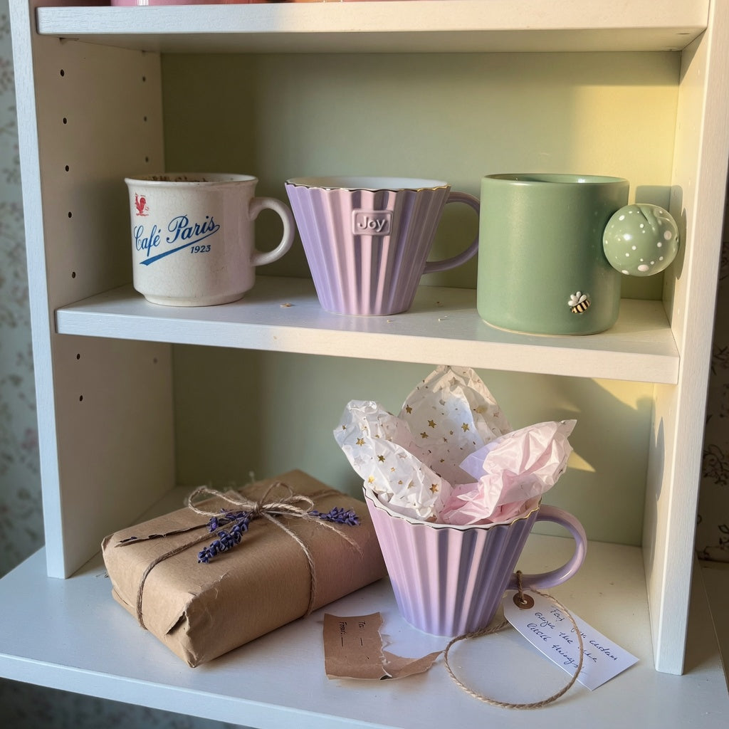 Cute mug gift ideas on a kitchen shelf: a retro café cup, a pleated cup, and a ball-handled mug beside gift wrap and twine