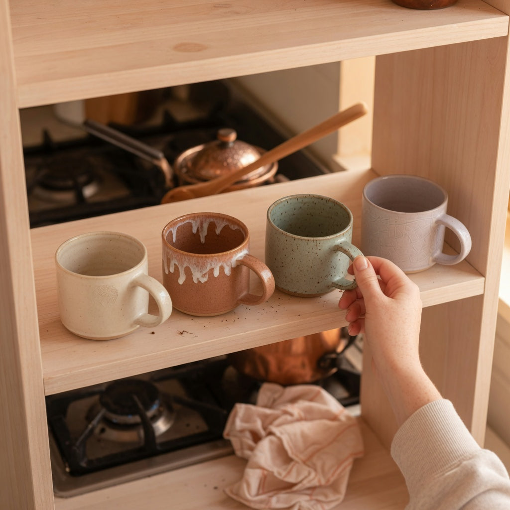 Daily use ceramic mug open shelf with ceramic cups set out for a morning pour