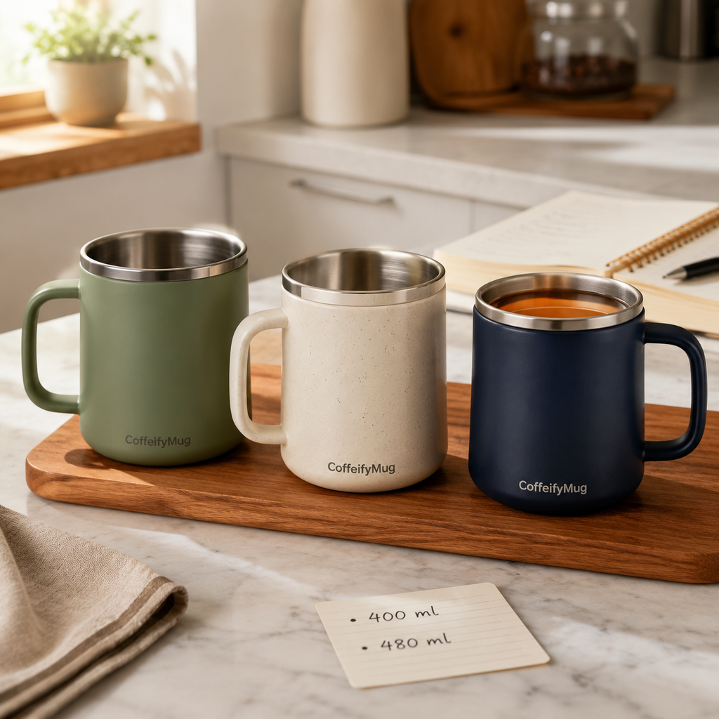 Three CoffeifyMug options compared for a dandelion coffee mug by capacity and handle comfort on a kitchen counter.