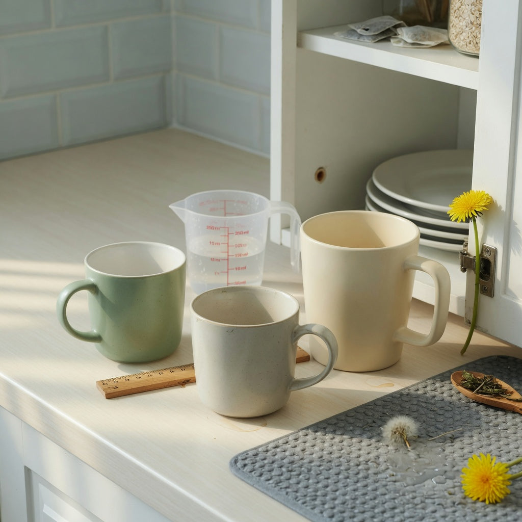 Dandelion coffee mug everyday mug rotation practical purchase checklist comparing 400 ml and 480 ml mugs on a kitchen counter