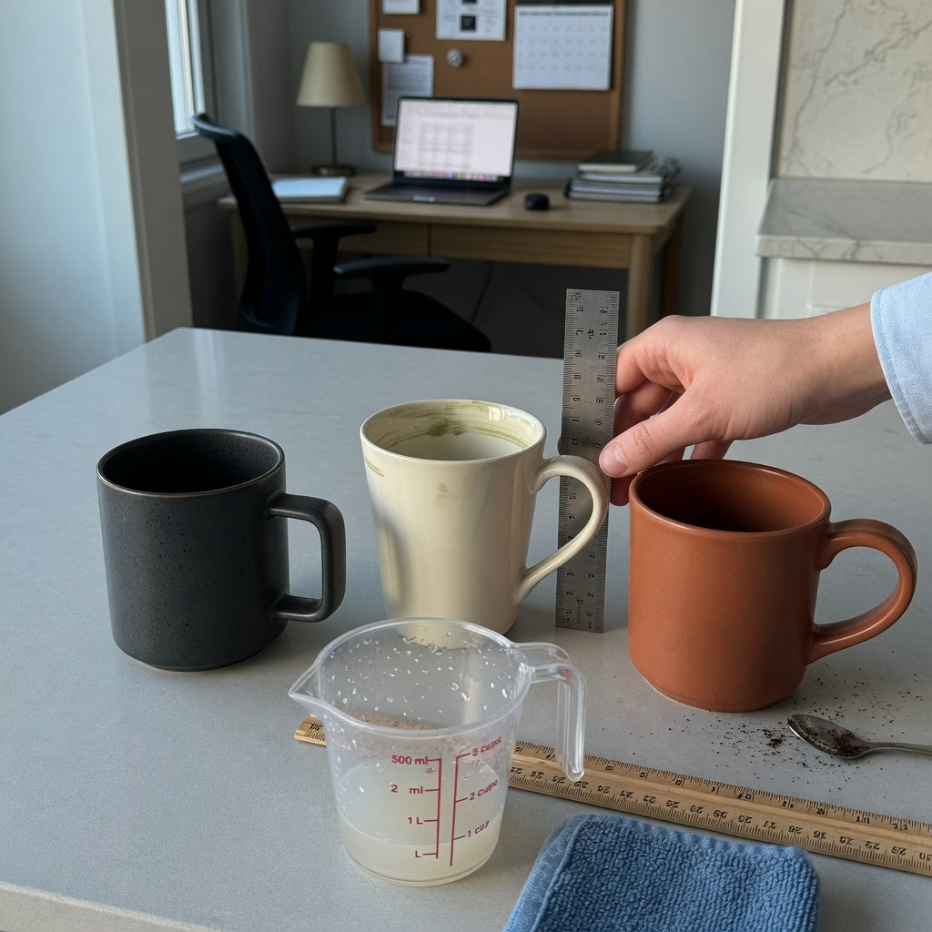 Dandelion coffee mug first time buyer practical purchase checklist with three mugs, a measuring jug, and a handle fit check