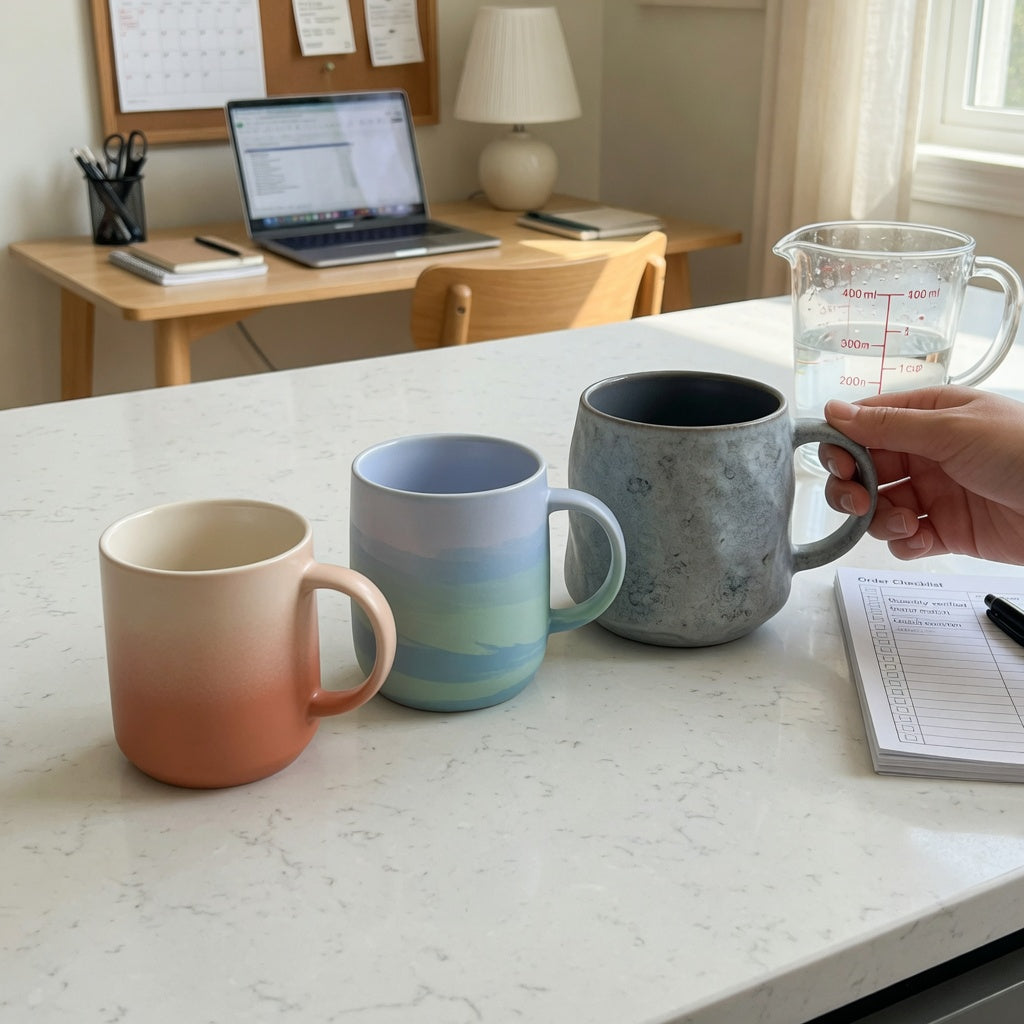 A dandelion coffee mug gift choice practical purchase checklist comparing three mugs and their handle comfort on a kitchen counter