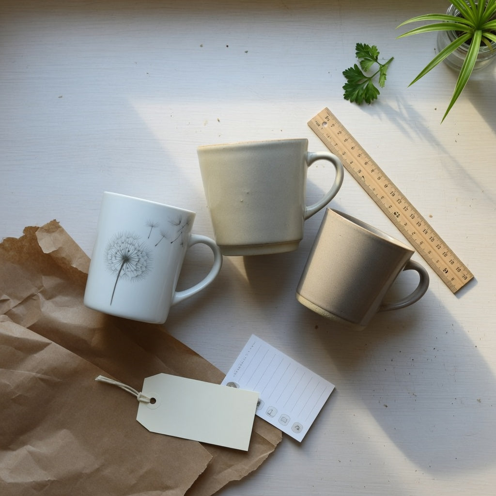 Dandelion coffee mug gift comparison with three mugs, wrapping paper, and a handle measuring ruler