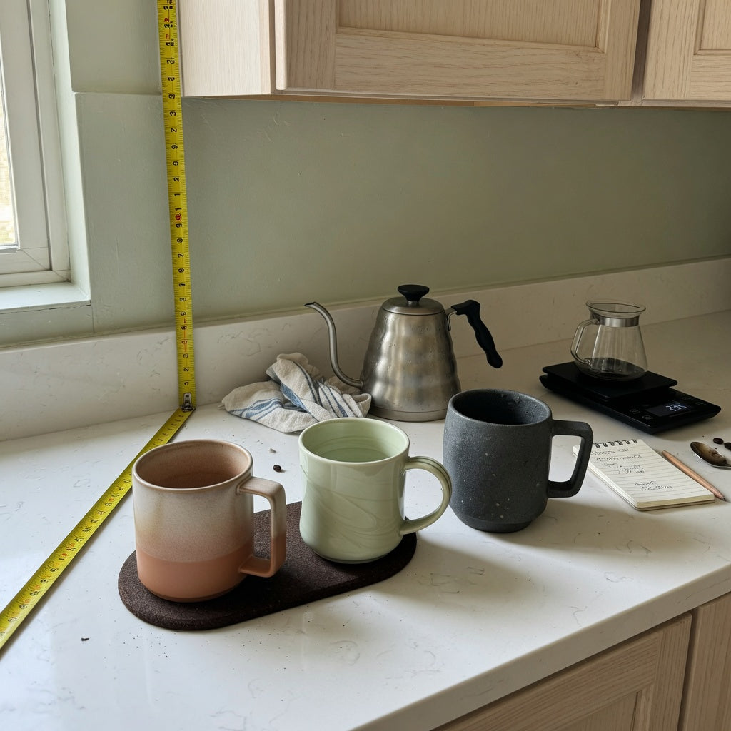 dandelion coffee mug home coffee station practical purchase checklist with 400 ml and 480 ml mugs on a kitchen counter