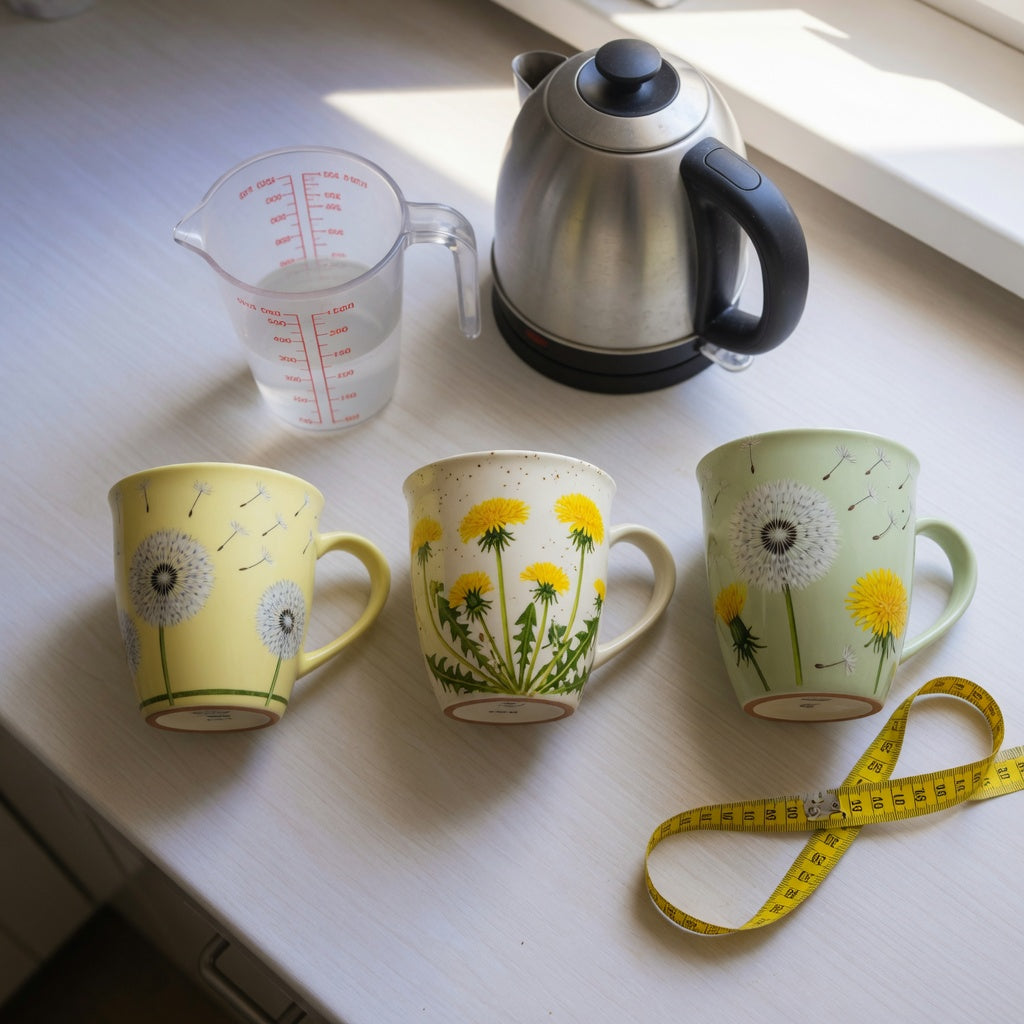 Three mug options beside a kettle for the dandelion coffee mug home coffee station product shortlist guide