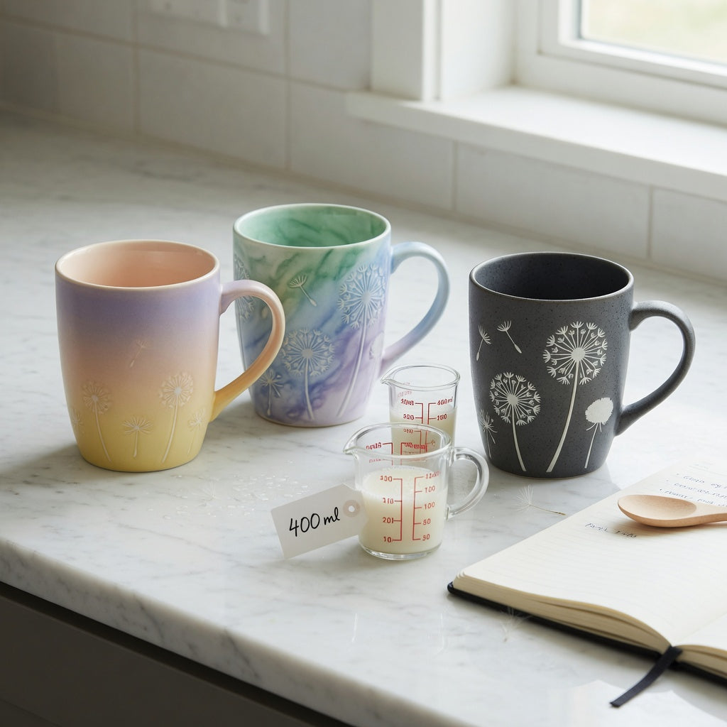 A dandelion coffee mug size decision guide comparing the 400 ml Gradient and Flow with the 480 ml Rock