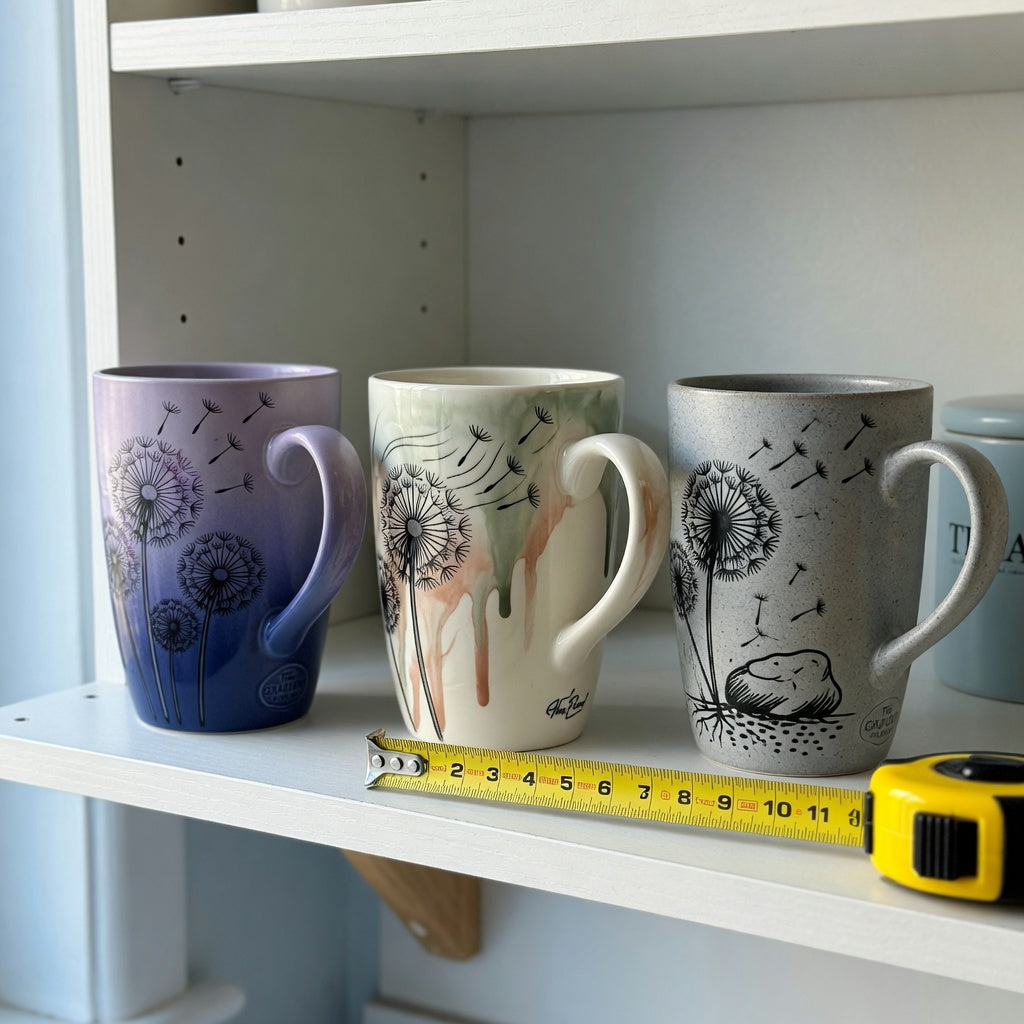 Dandelion coffee mug storage fit guide with The Gradient, The Flow and The Rock arranged on a measured kitchen cabinet shelf