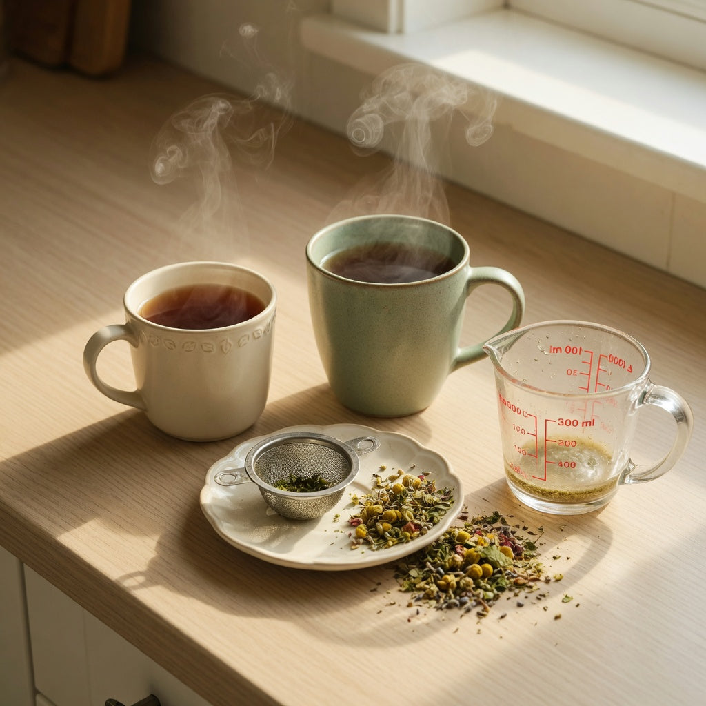CoffeifyMug dandelion tea cup and mug comparison: two mugs of different sizes on a kitchen counter beside a fine-mesh infuser basket, dried herbal tea and a measuring jug filled to the 400 ml line