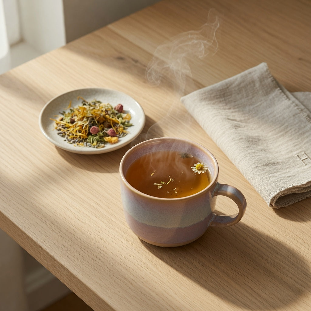 Dandelion tea mug ceramic in a soft gradient glaze with steam beside dried botanicals on an oak table