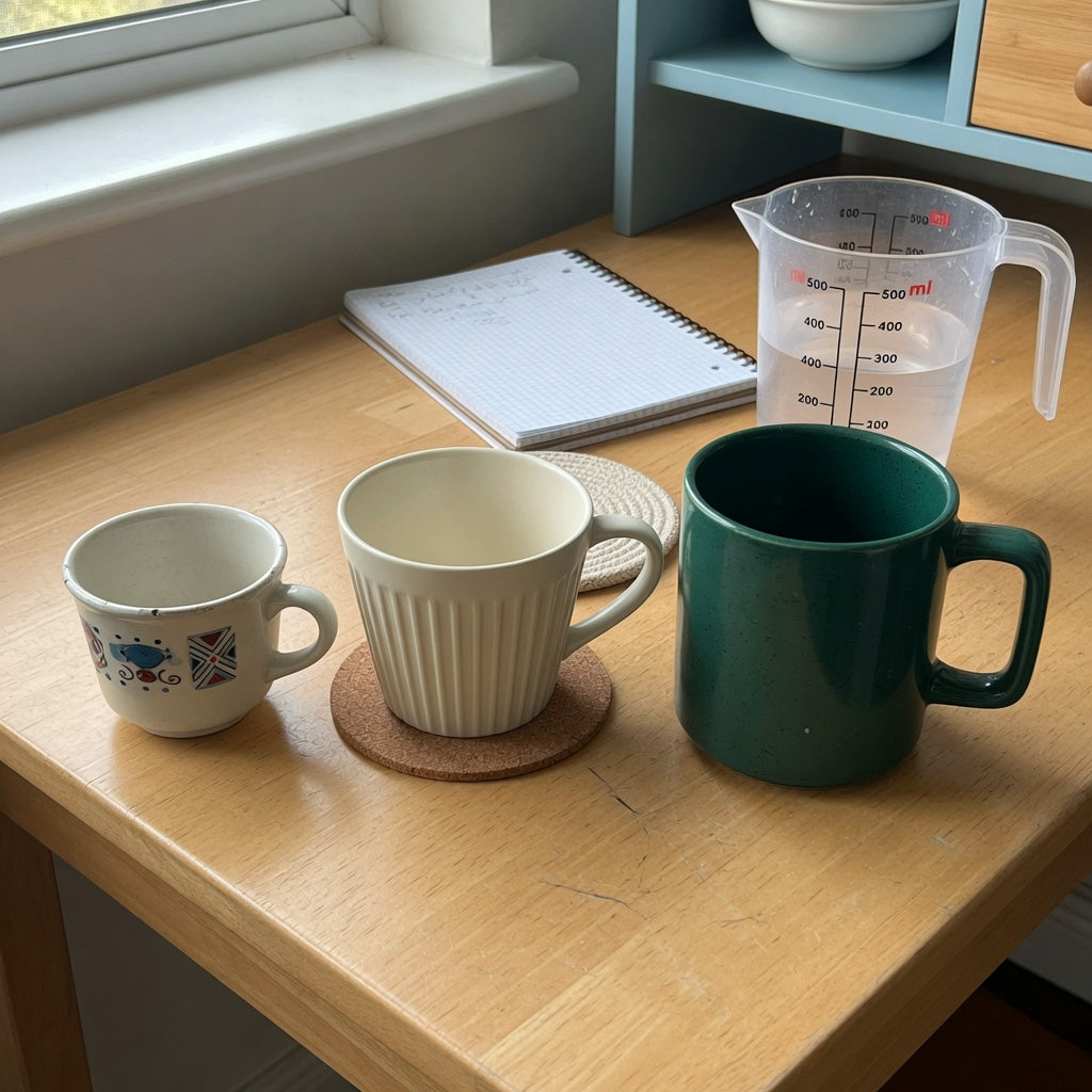 Decaf coffee cup buying priorities comparison with 170 ml, 200 ml, and 270 ml cups beside a measuring jug and notebook