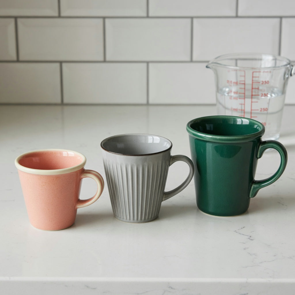 Side-by-side decaf coffee cup current product facts comparison showing Retro 170 ml, Pleated 200 ml, and Emerald 270 ml