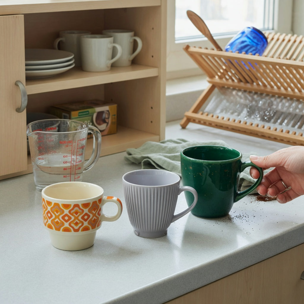Decaf coffee cup everyday mug rotation practical purchase checklist showing Retro 170 ml, Pleated 200 ml, and Emerald 270 ml cups on a kitchen counter