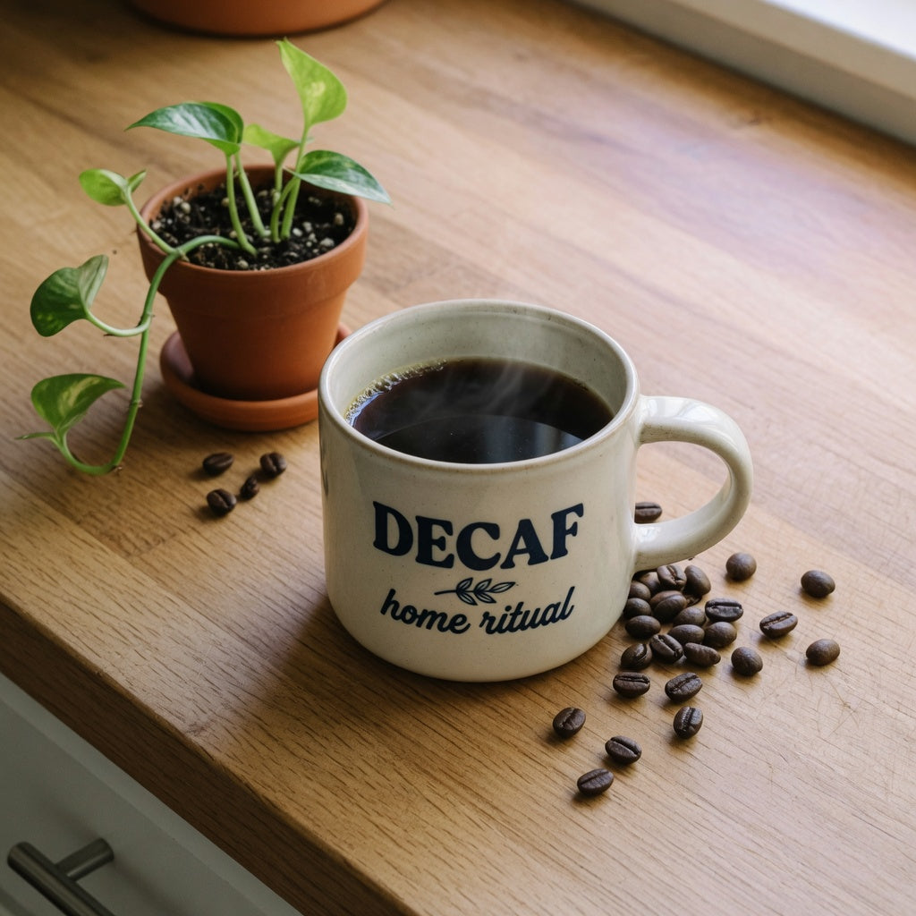 decaf coffee cup for home on kitchen counter