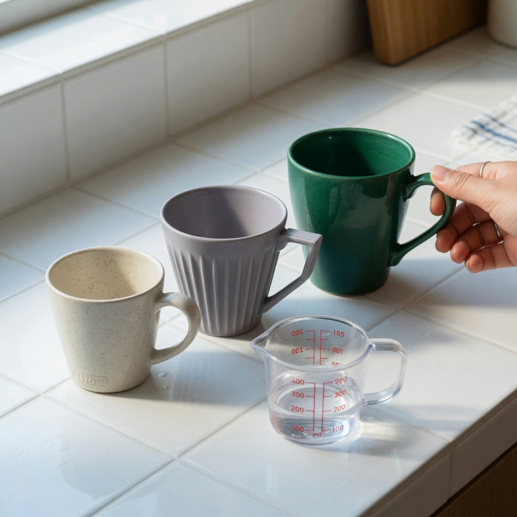 Retro, Pleated, and Emerald cups arranged by capacity for a decaf coffee cup gift choice practical purchase checklist