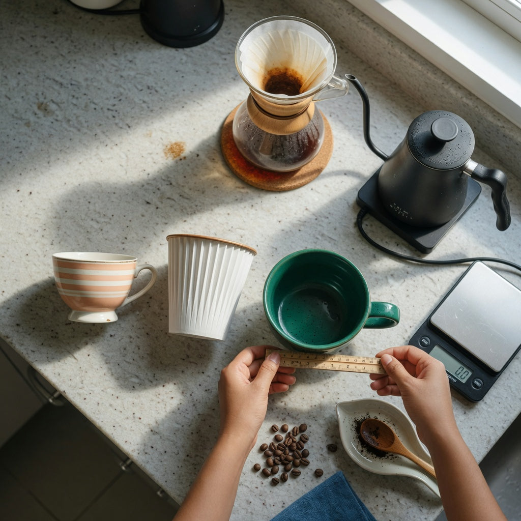 Decaf coffee cup home coffee station product shortlist guide with 170 ml, 200 ml, and 270 ml cups measured beside a brewer