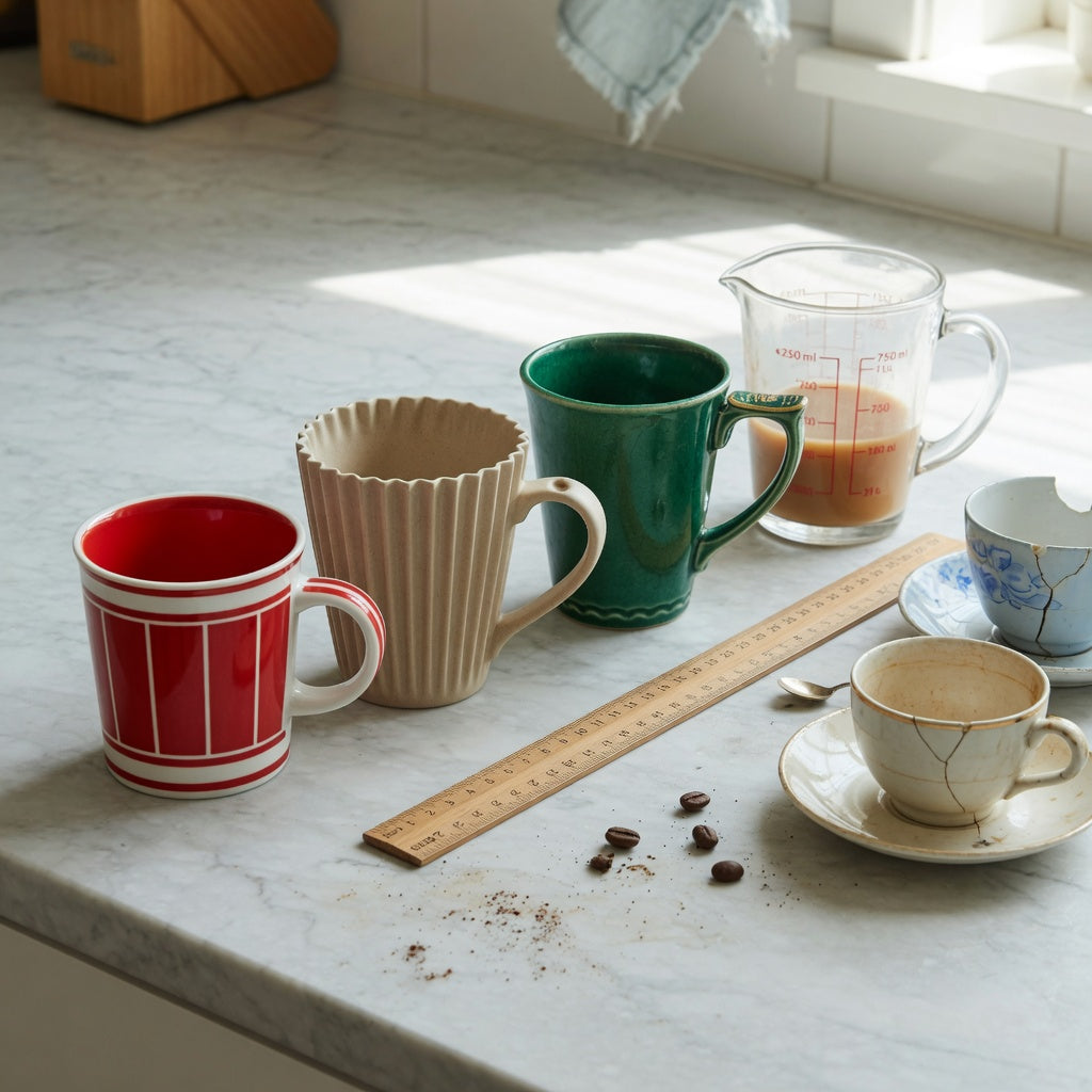 Decaf coffee cup replacement purchase practical purchase checklist with Retro 170 ml, Pleated 200 ml, and Emerald 270 ml cups beside a measuring jug