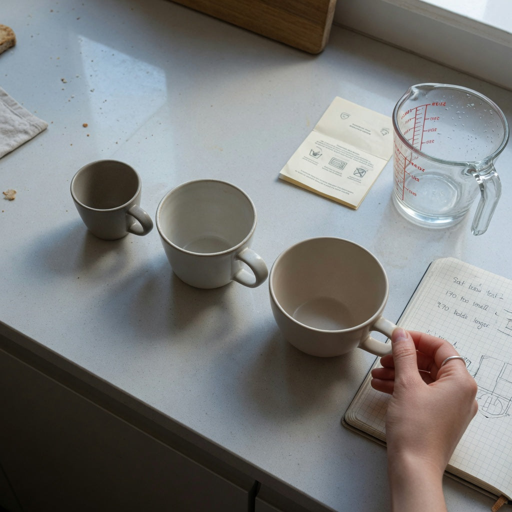 A decaf coffee cup weekend coffee practical purchase checklist with Retro 170 ml, Pleated 200 ml and Emerald 270 ml cups on a weekend kitchen counter