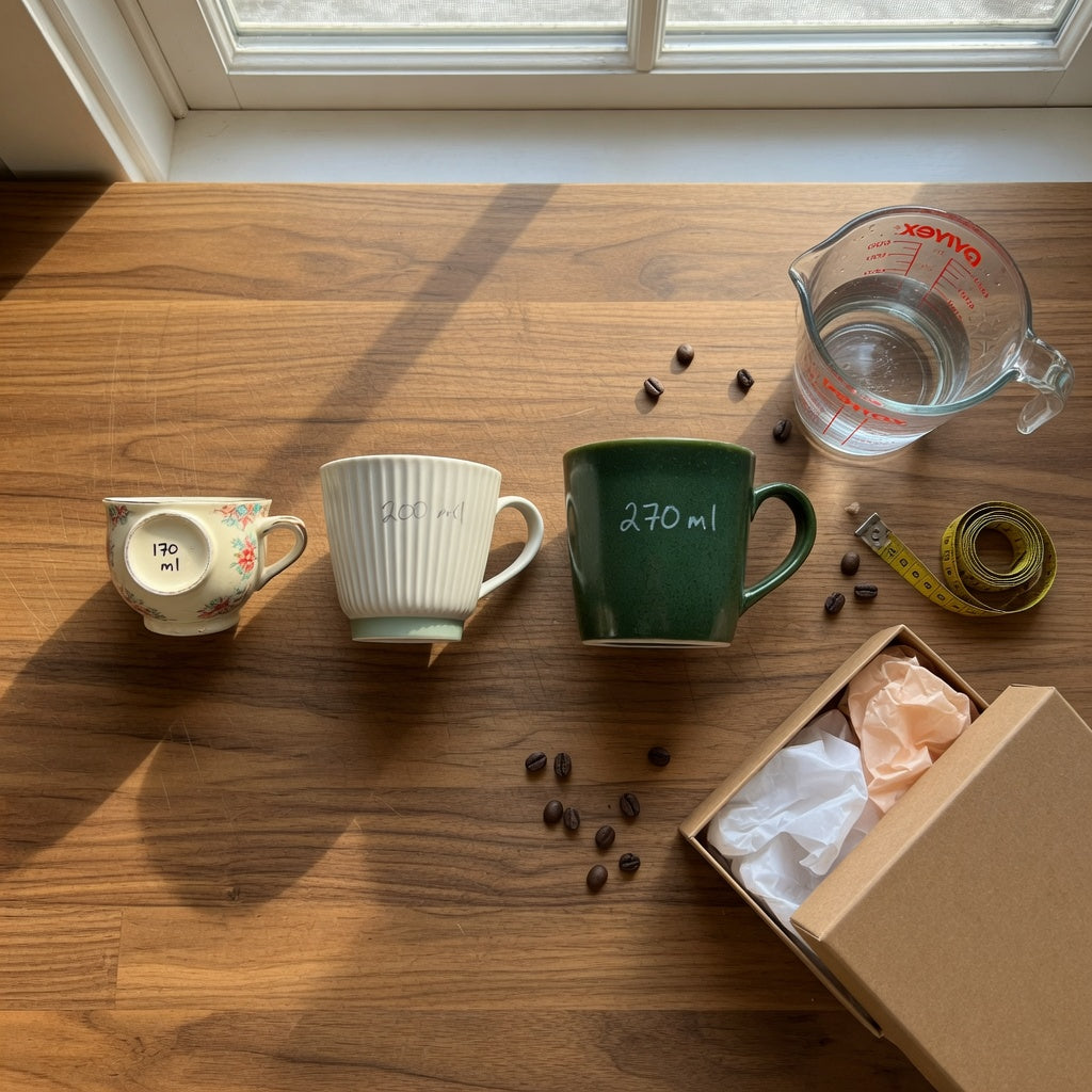 Decaf coffee mug gift comparison of 170 ml, 200 ml, and 270 ml cups lined up beside a measuring jug on a kitchen counter