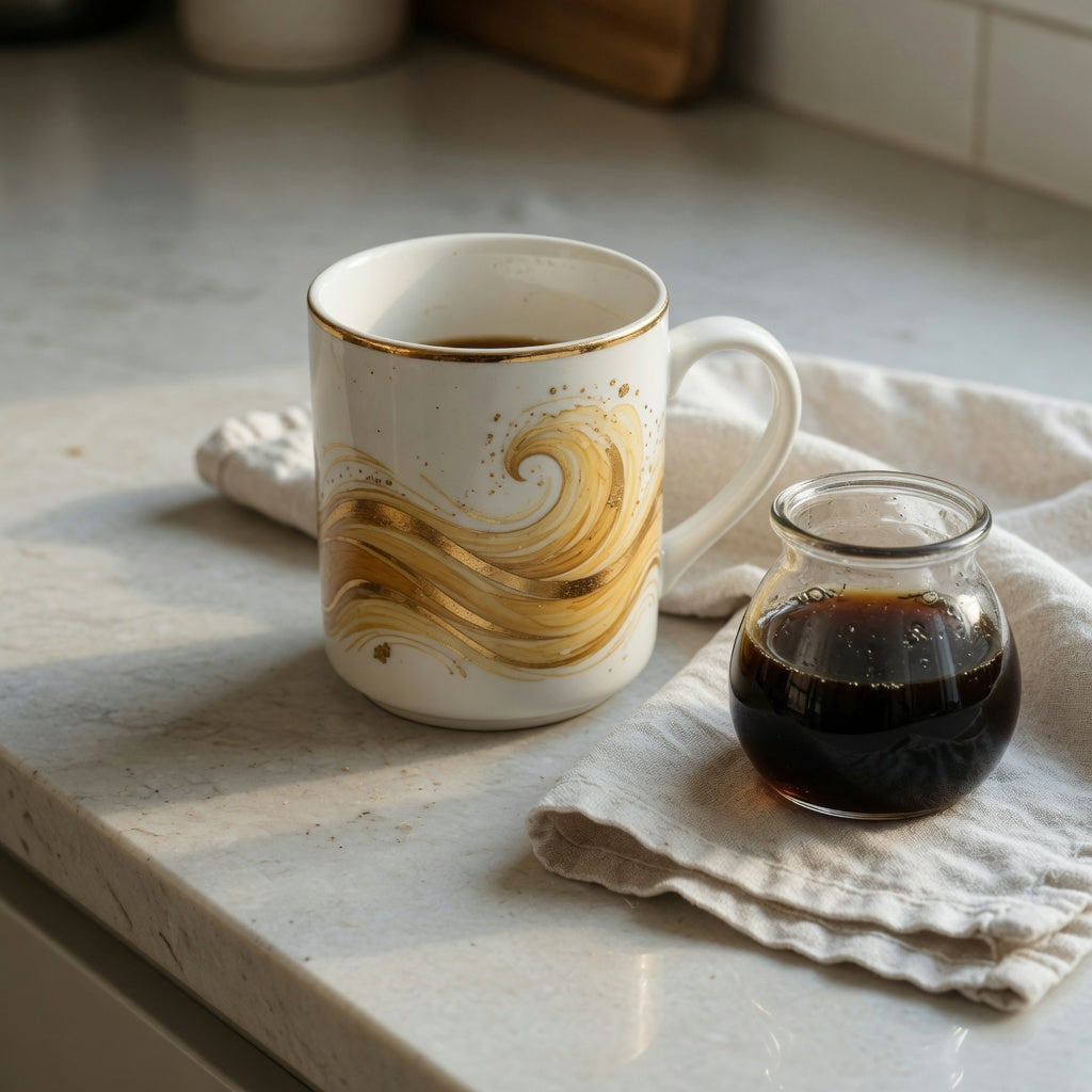 Decorative golden waves ceramic coffee mug on a kitchen counter beside a soft hand-wash cloth
