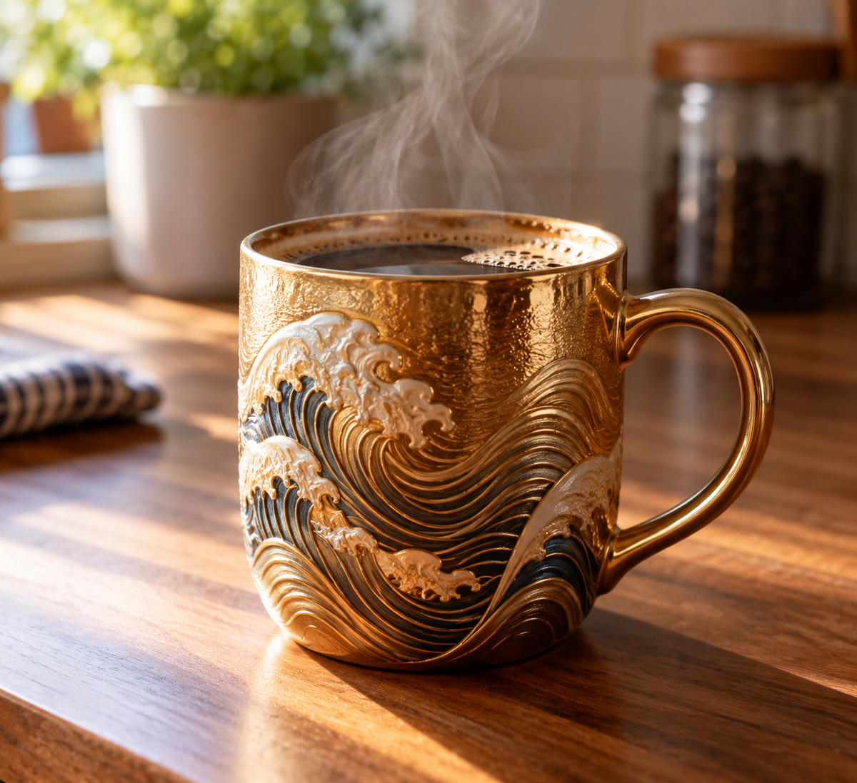decorative waves coffee mug gift with golden ocean wave design