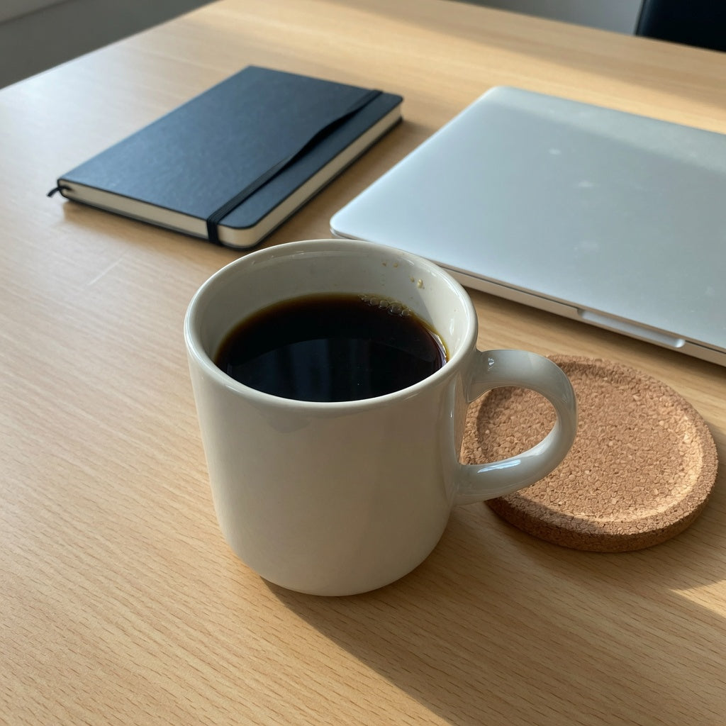Desk ceramic mug for workday coffee on a wood office desk beside a laptop and a notebook