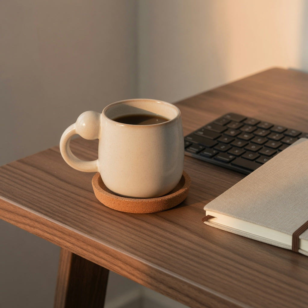 Desk decor coffee mug for coffee lovers with a rounded handle on a wooden desk beside a keyboard