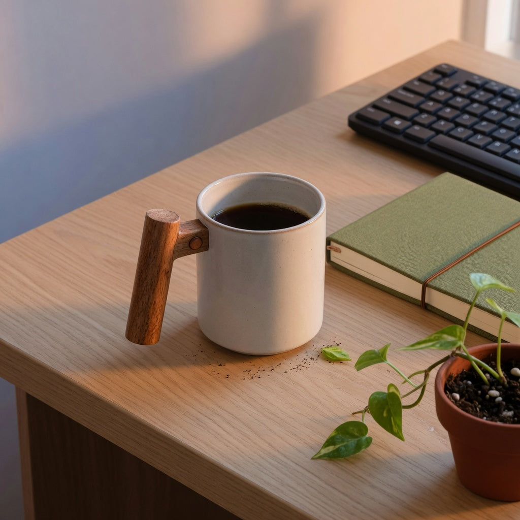 Desk mug wooden handle gift on a home office desk beside a notebook and keyboard