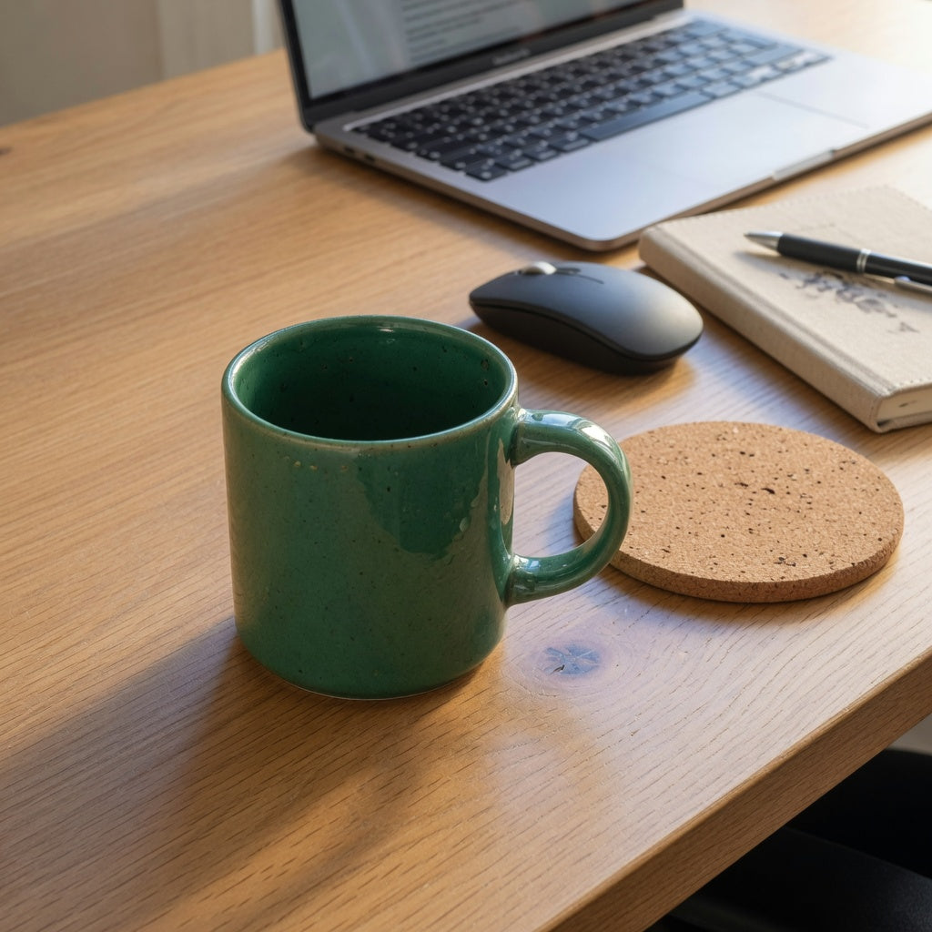 Desk size ceramic coffee mug emerald beside a laptop, mouse, notebook, and cork coaster on a light wood desk