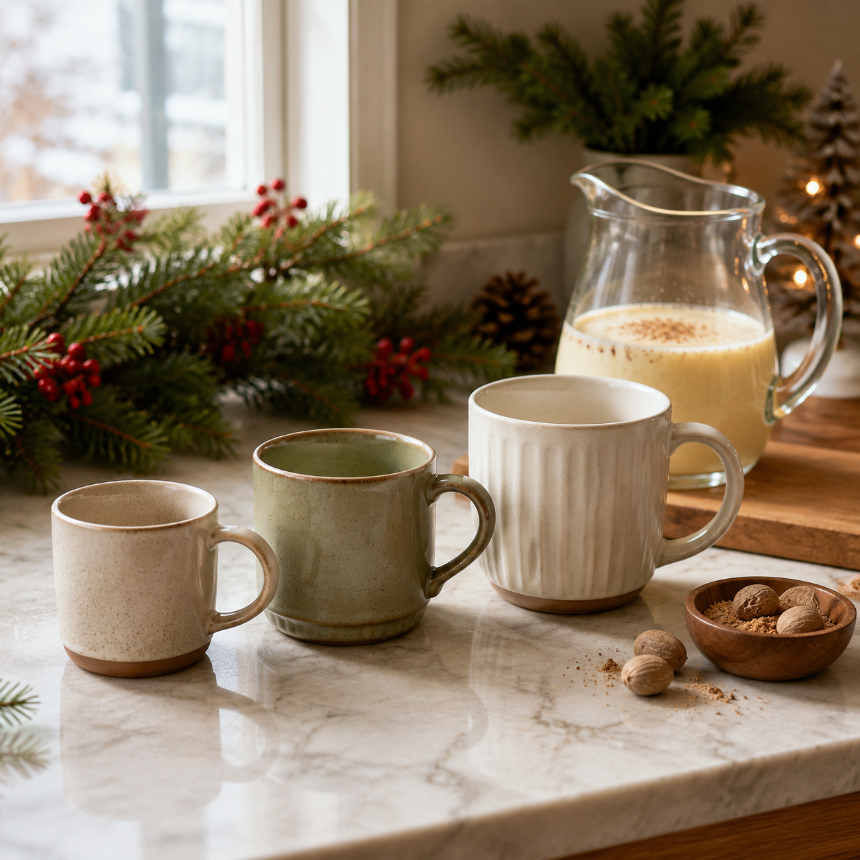 Three eggnog mug sizes arranged on a holiday kitchen counter for seasonal serving comparison