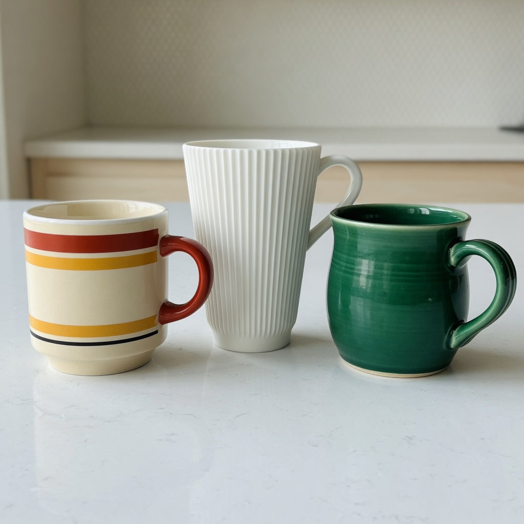 Side-by-side eggnog mug current product facts comparison of Retro 170 ml, Pleated 200 ml, and Emerald 270 ml shapes