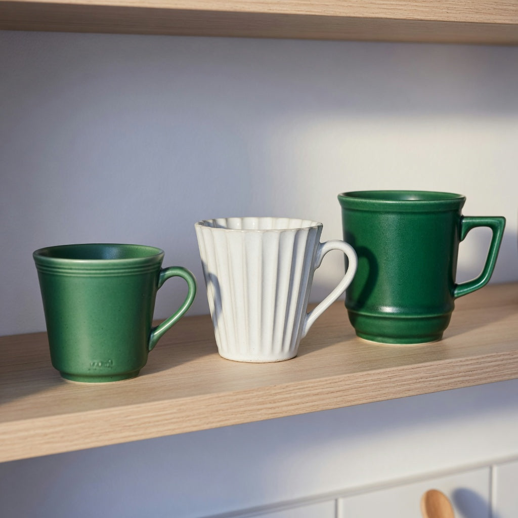 Eggnog mug everyday mug rotation product shortlist guide showing Retro, Pleated, and Emerald mugs on an open kitchen shelf