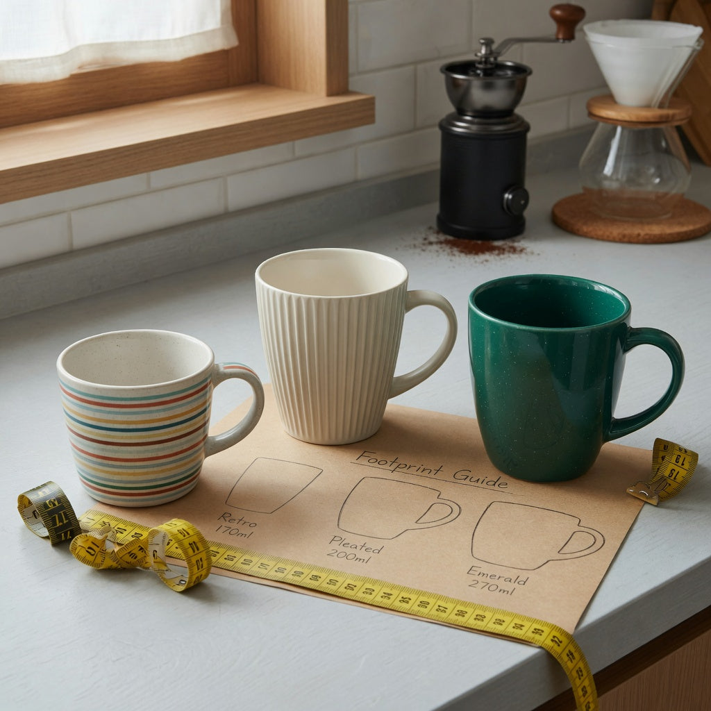Eggnog mug home coffee station practical purchase checklist showing Retro 170 ml, Pleated 200 ml, and Emerald 270 ml mugs in a measured counter setup