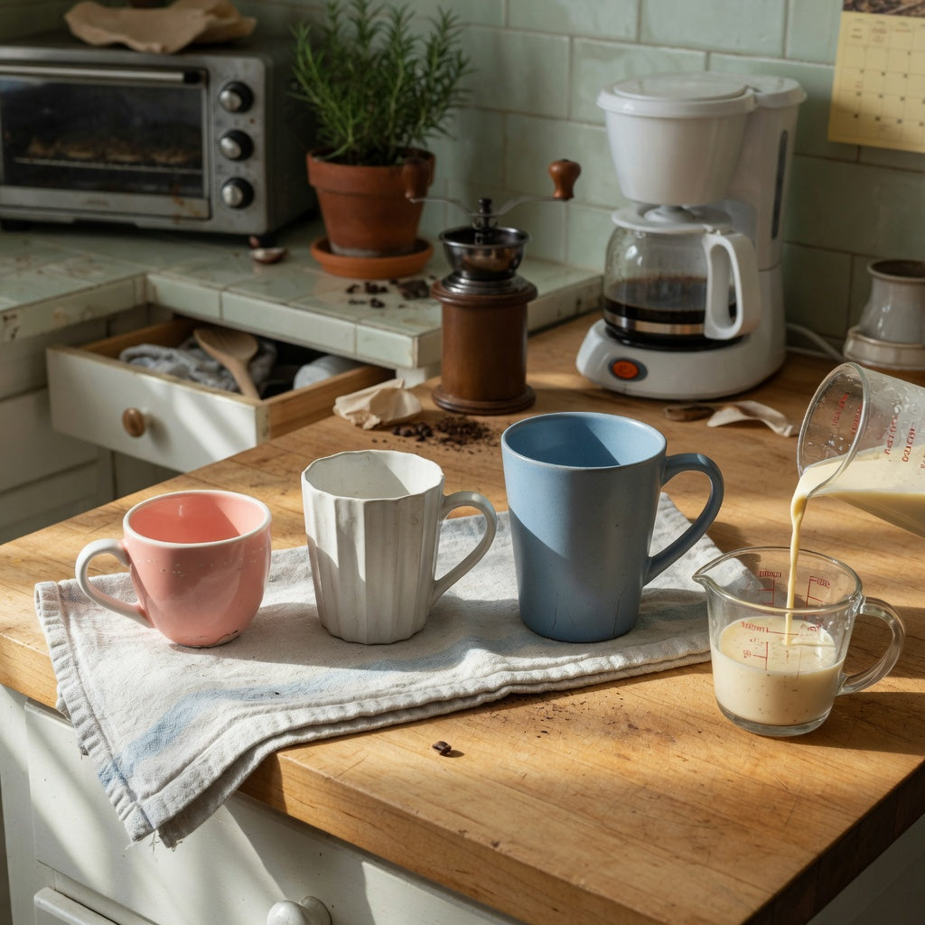 eggnog mug home coffee station product shortlist guide comparing Retro 170 ml, Pleated 200 ml, and Emerald 270 ml cups on a kitchen counter