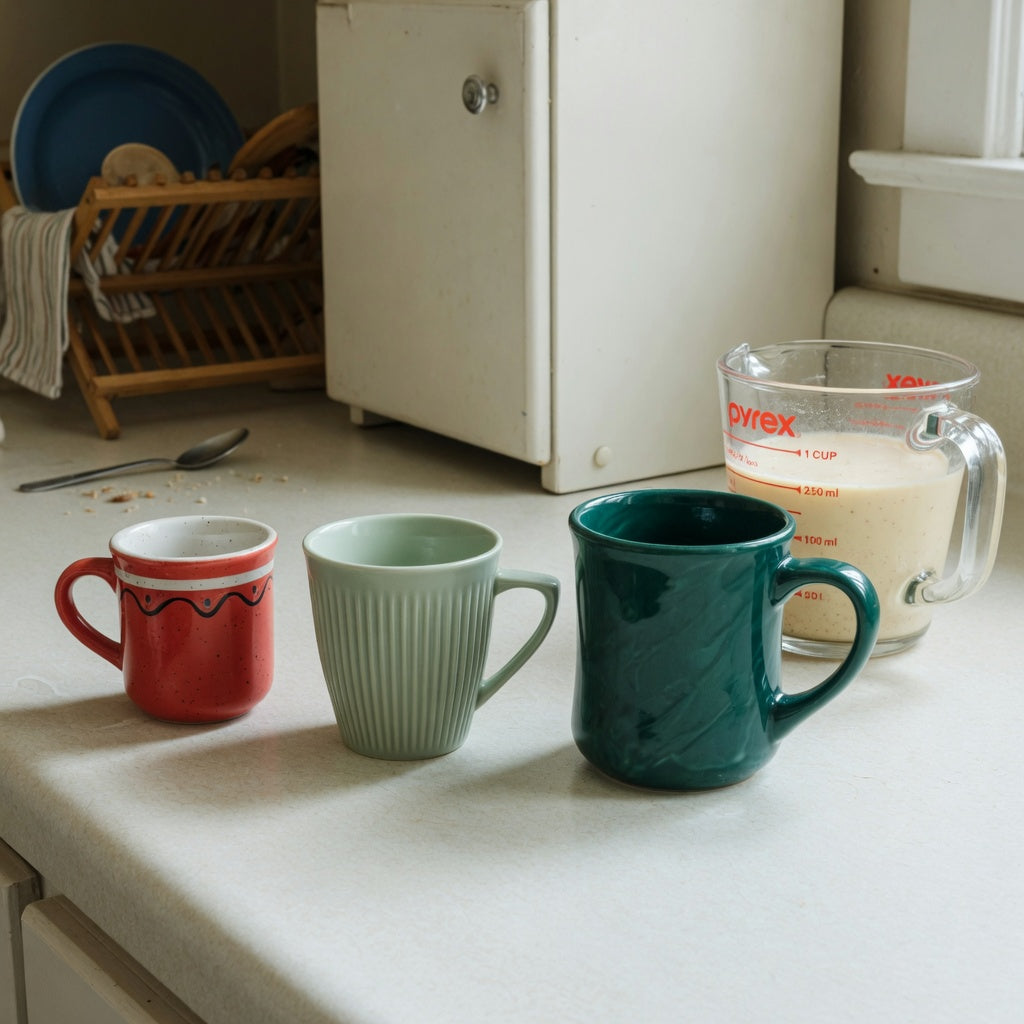 Eggnog mug shared household practical purchase checklist with Retro 170 ml, Pleated 200 ml, and Emerald 270 ml options on a kitchen counter