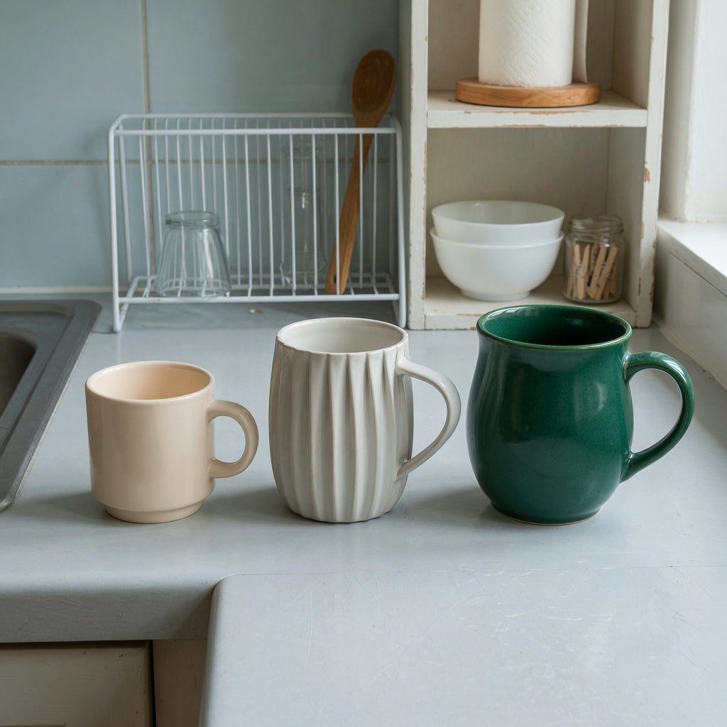 Three individual options in an eggnog mug shared household product shortlist guide, showing Retro 170 ml, Pleated 200 ml, and Emerald 270 ml silhouettes