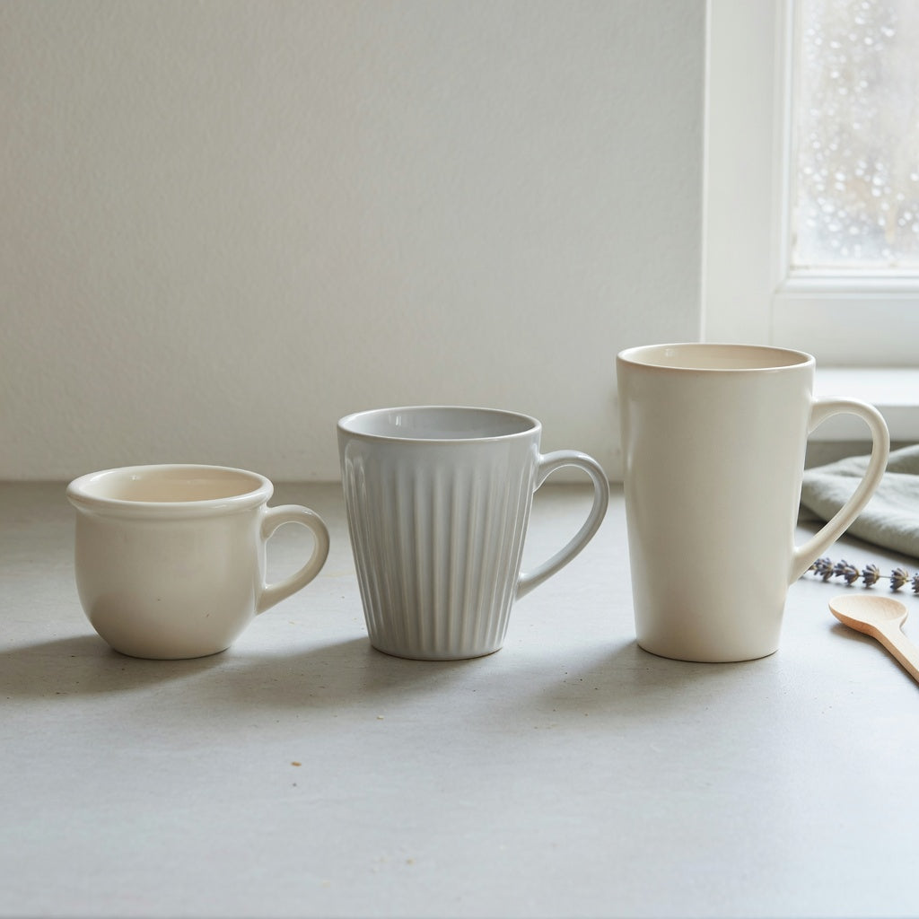 Side-by-side 170 ml Retro, 200 ml Pleated, and 270 ml Emerald options in an eggnog mug size decision guide