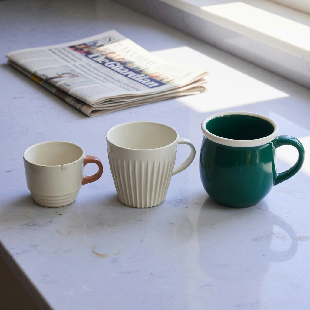 Three empty cups compared for an eggnog mug weekend coffee product shortlist guide: Retro 170 ml, Pleated 200 ml, and Emerald 270 ml