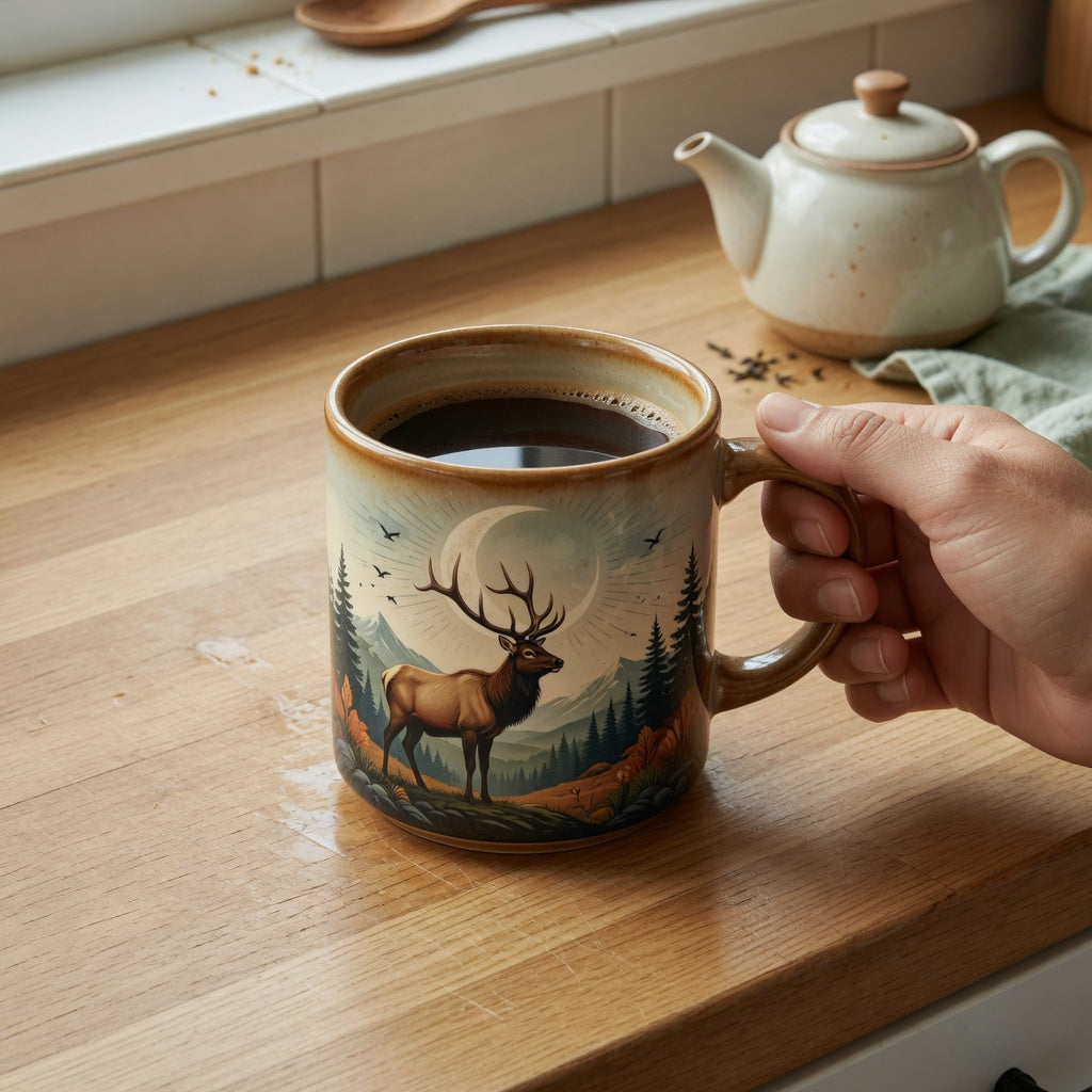 Elk and moon ceramic mug filled with coffee on a kitchen counter beside a teapot