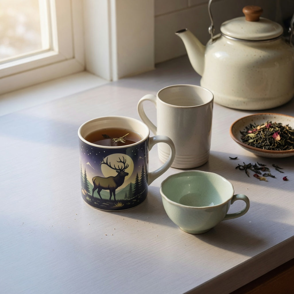 Elk and Moon coffee mug vs tea mug on a kitchen counter beside a smaller curved cup and a taller plain mug