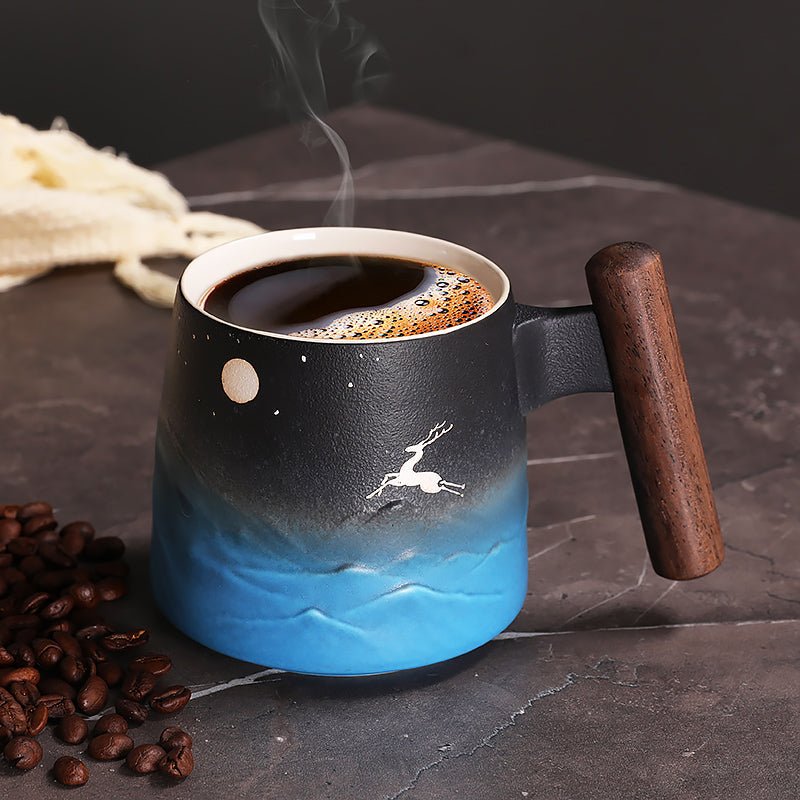 Coffee mug gift ideas for him for small coffee setup displayed beside a compact brewer and shallow mug shelf