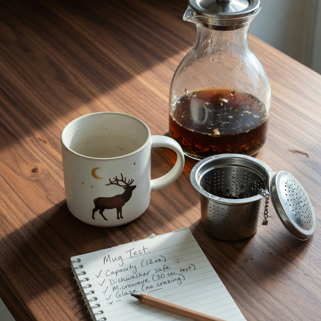 Elk and moon coffee tea mug buying checklist notes beside a wildlife mug, loose-leaf basket, and coffee carafe