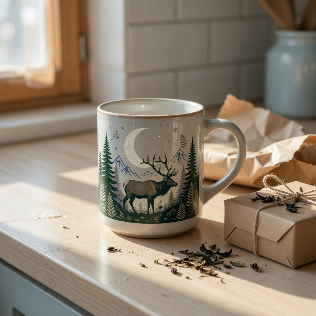 Elk and moon coffee tea mug gift ideas shown with a 420 ml ceramic wildlife mug and simple gift wrapping