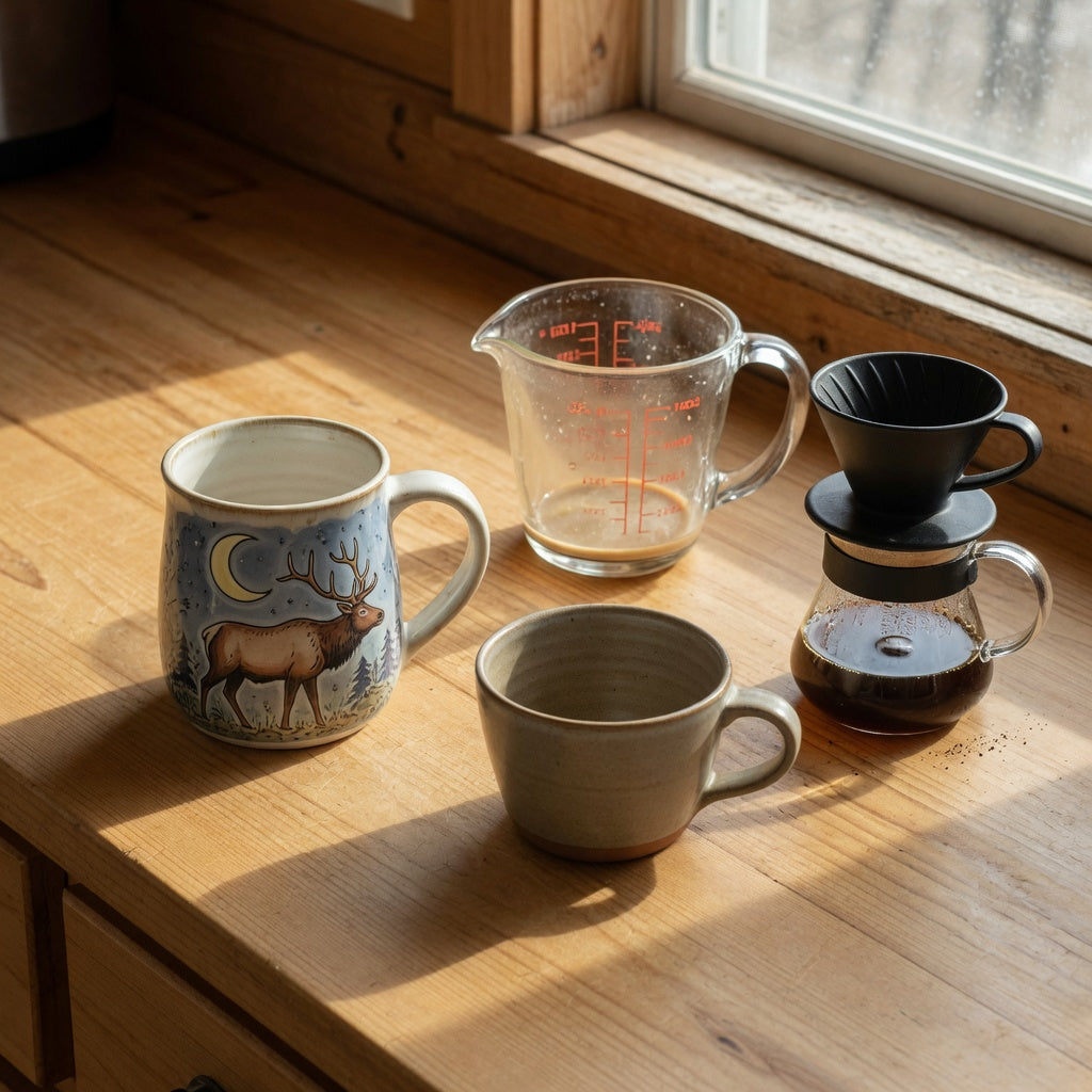 Elk and moon mug beside a plain ceramic cup and coffee brewer for a size and fit comparison