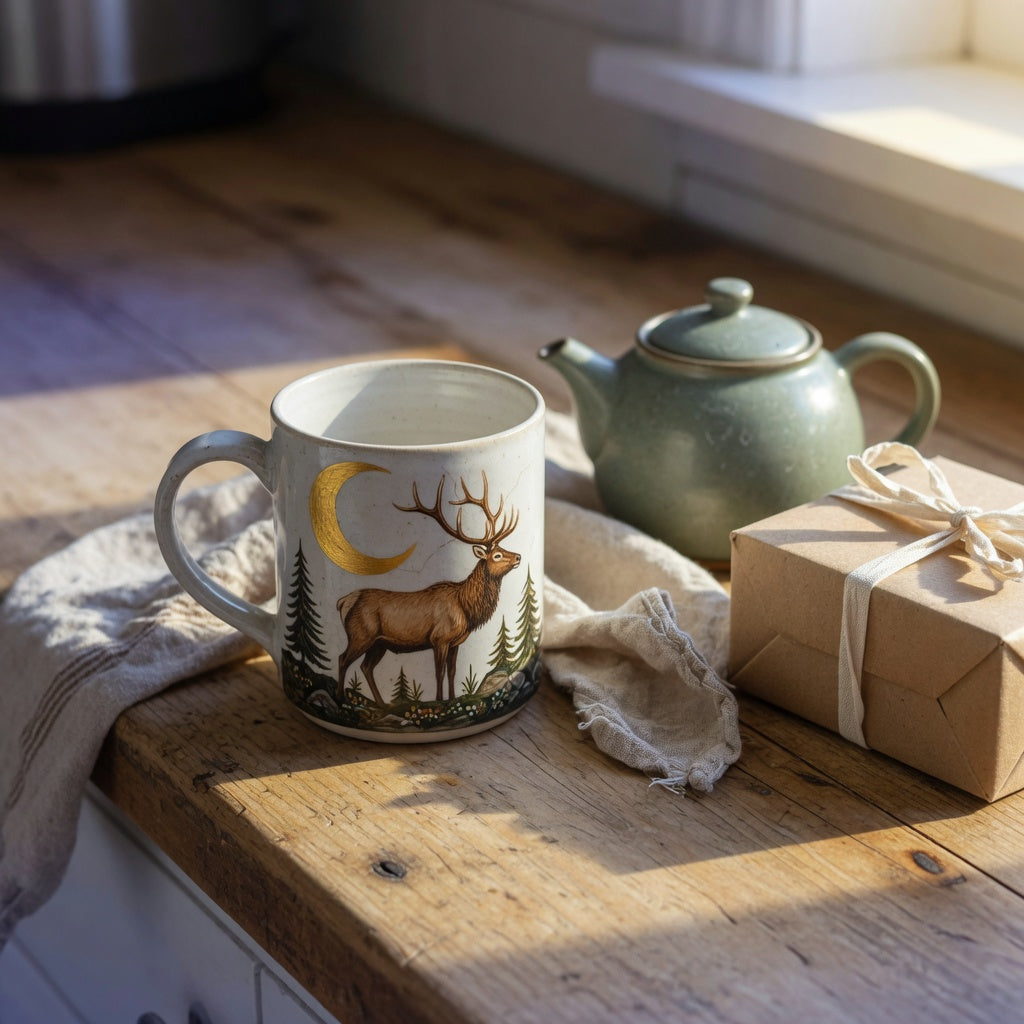 An elk coffee and tea mug gift with a moonlit elk design on a kitchen counter beside a teapot