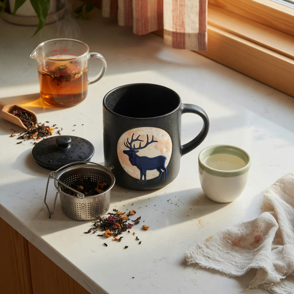 Comparison of an elk moon ceramic tea mug with an infuser, lid, double-wall cup, and loose-leaf tea on a kitchen counter