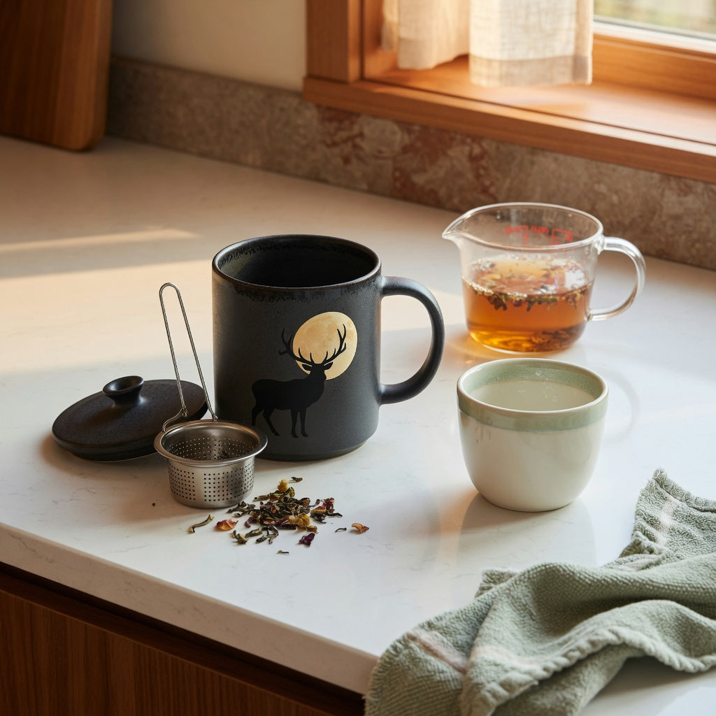 Comparison of an elk moon ceramic tea mug with an infuser, lid, double-wall cup, and loose-leaf tea on a kitchen counter